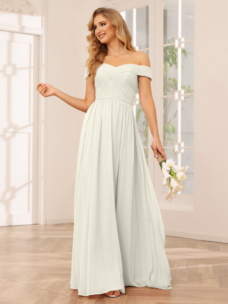 Vestidos Longos de Dama de Honra com Ombros de Fora Evasê/Princesa com Apliques