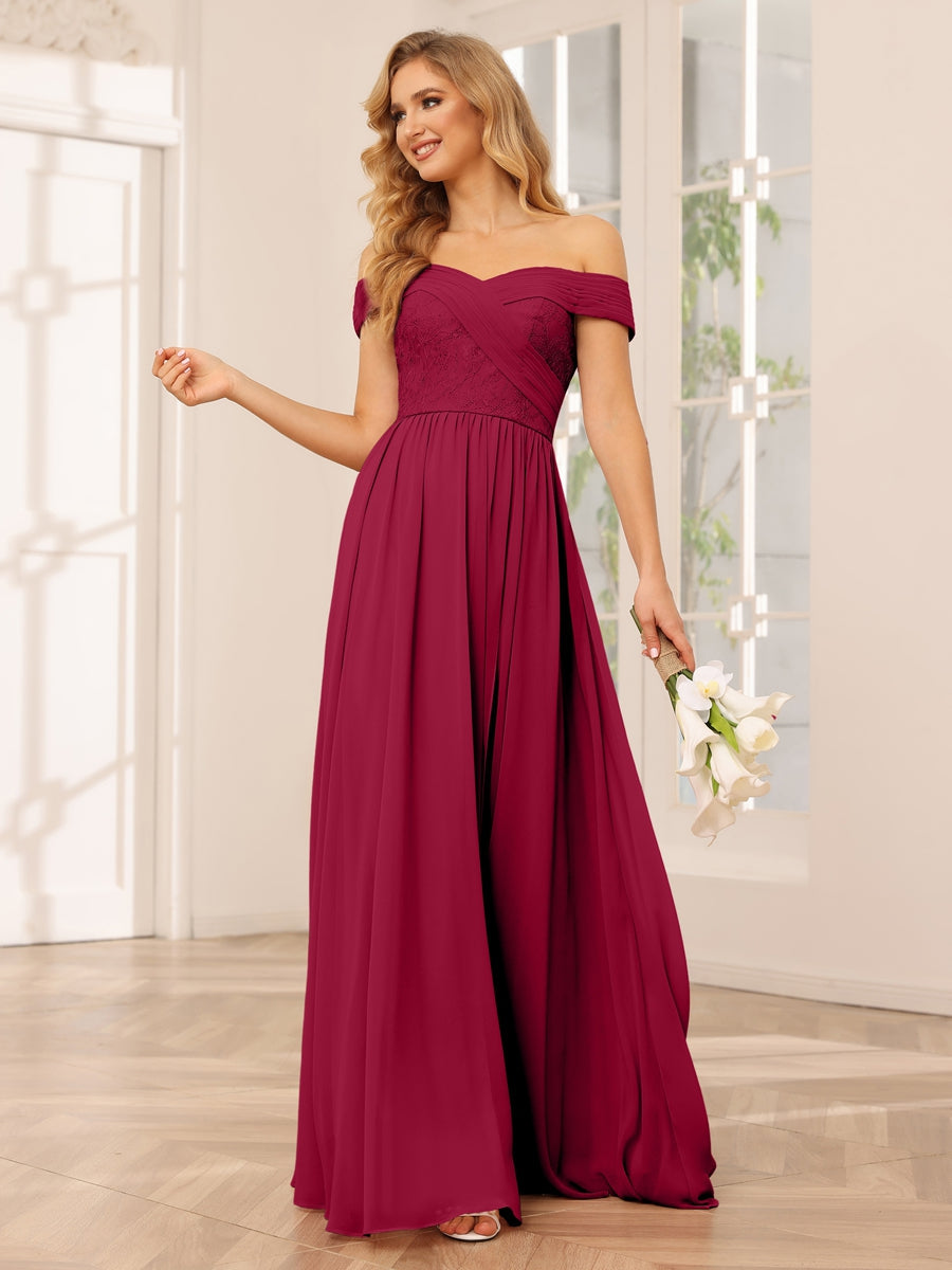 Vestidos Longos de Dama de Honra com Ombros de Fora Evasê/Princesa com Apliques