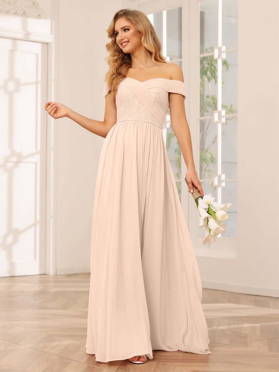 Vestidos Longos de Dama de Honra com Ombros de Fora Evasê/Princesa com Apliques