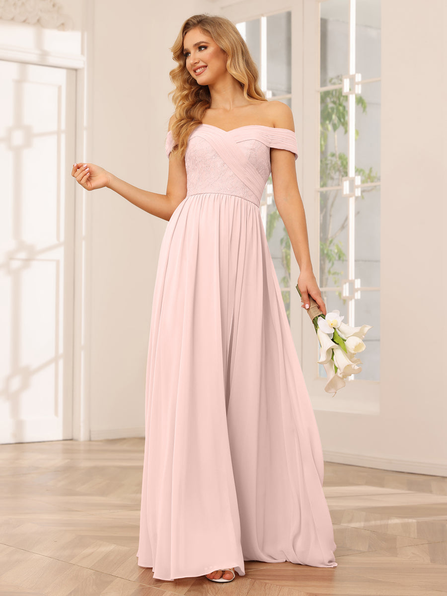 Vestidos Longos de Dama de Honra com Ombros de Fora Evasê/Princesa com Apliques