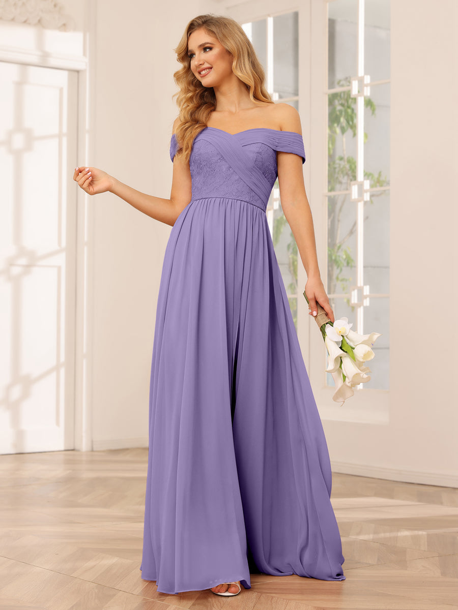 Vestidos Longos de Dama de Honra com Ombros de Fora Evasê/Princesa com Apliques