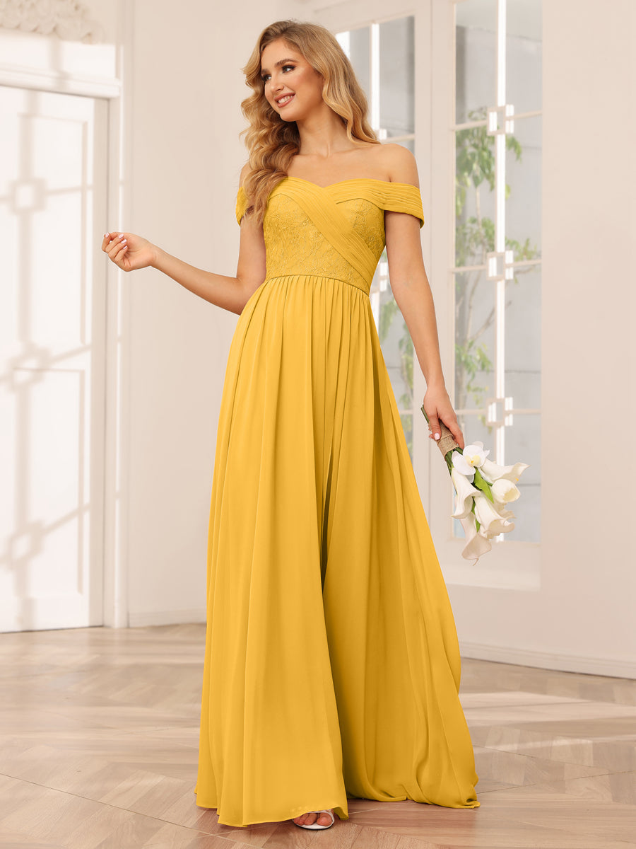 Vestidos Longos de Dama de Honra com Ombros de Fora Evasê/Princesa com Apliques