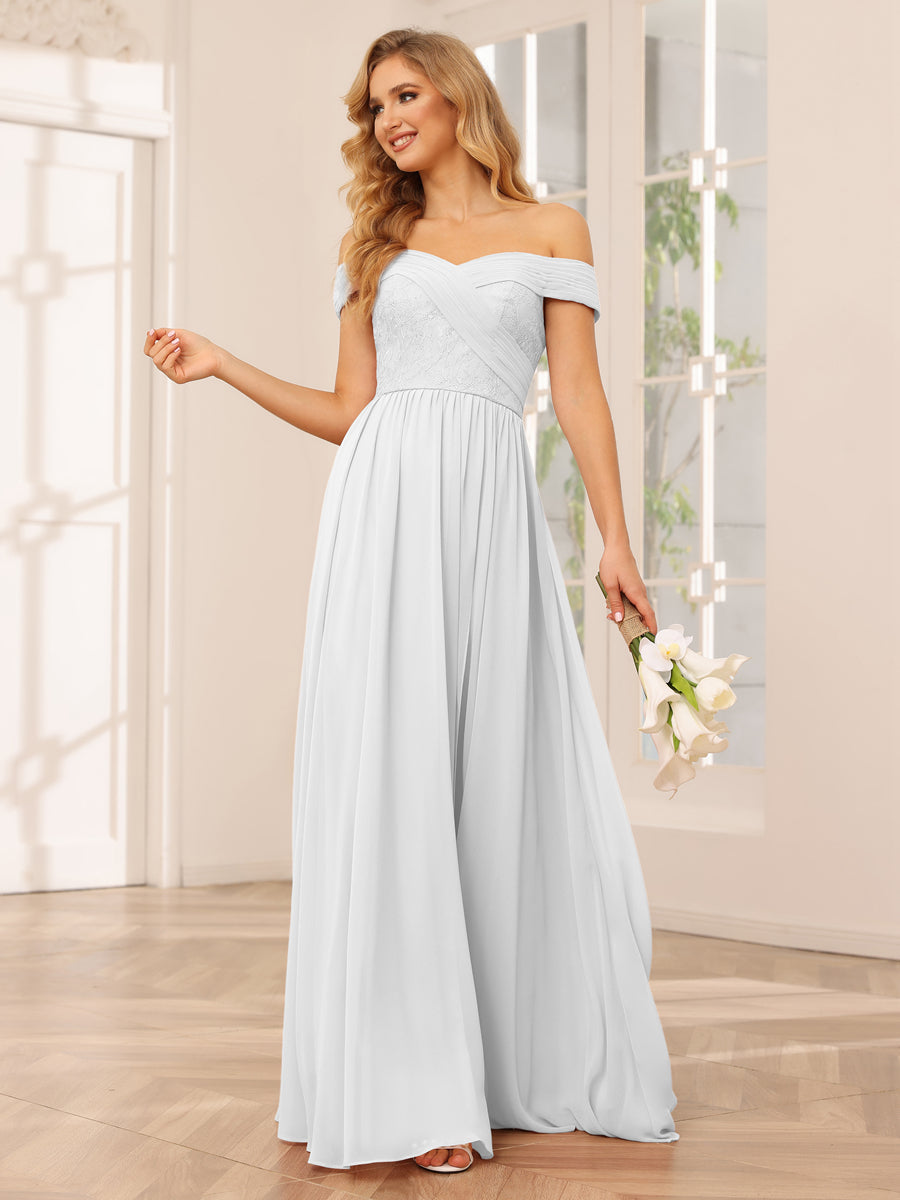 Vestidos Longos de Dama de Honra com Ombros de Fora Evasê/Princesa com Apliques