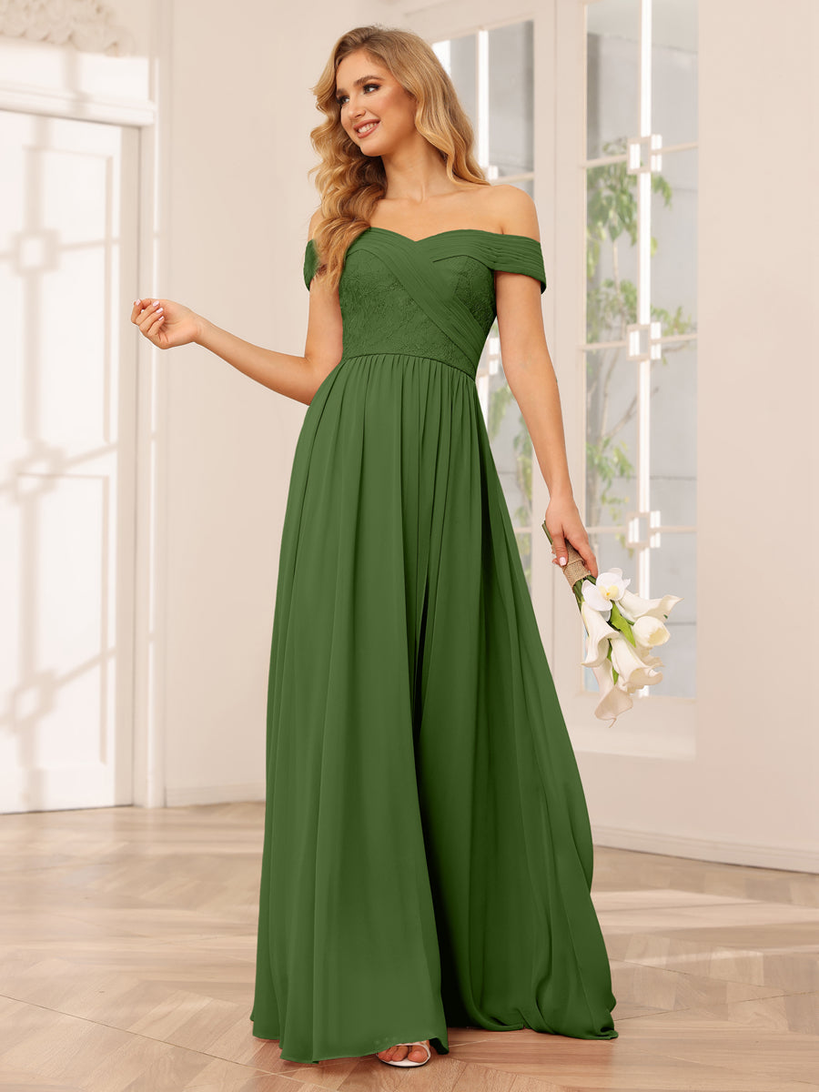 Vestidos Longos de Dama de Honra com Ombros de Fora Evasê/Princesa com Apliques