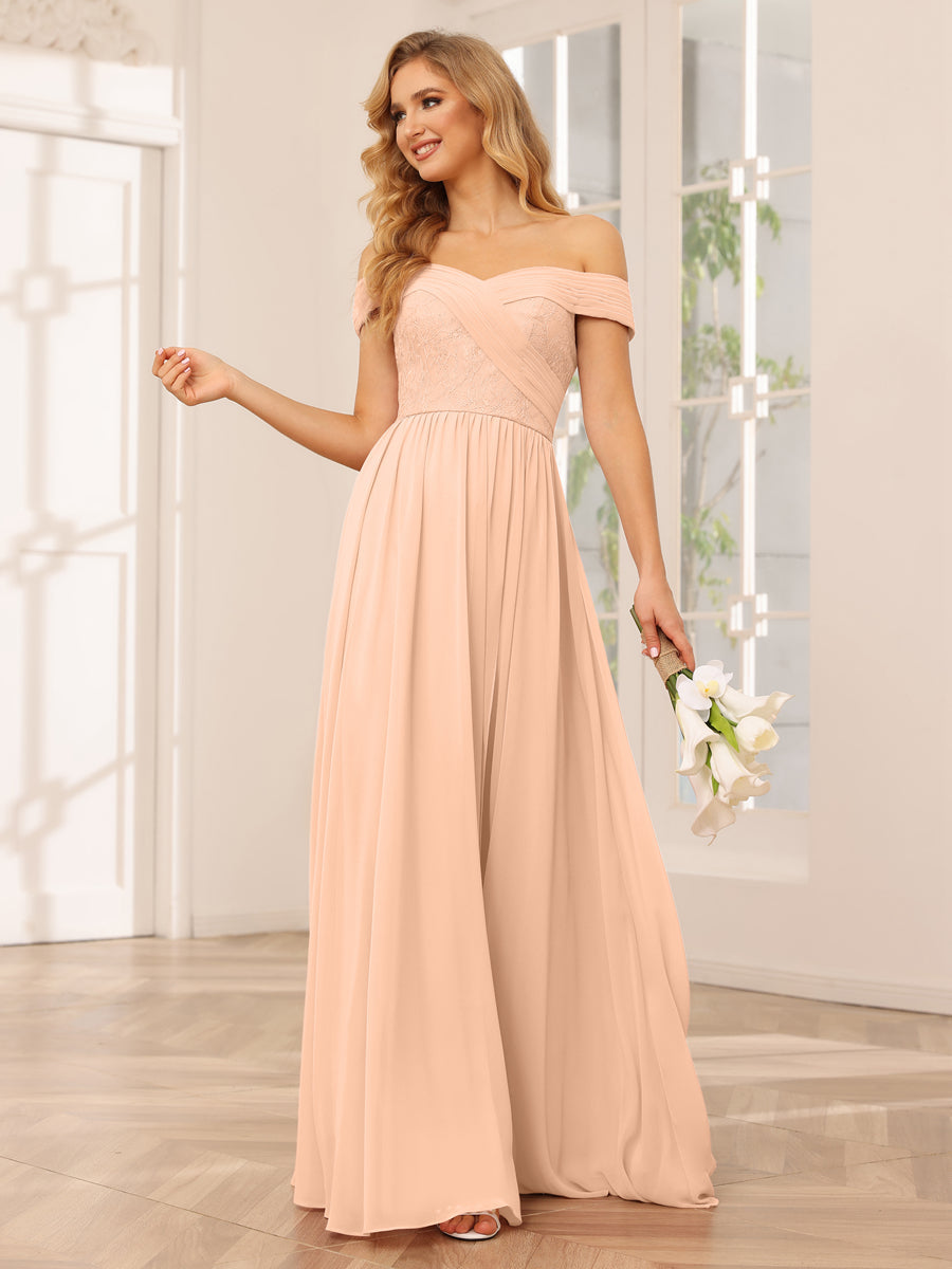 Vestidos Longos de Dama de Honra com Ombros de Fora Evasê/Princesa com Apliques