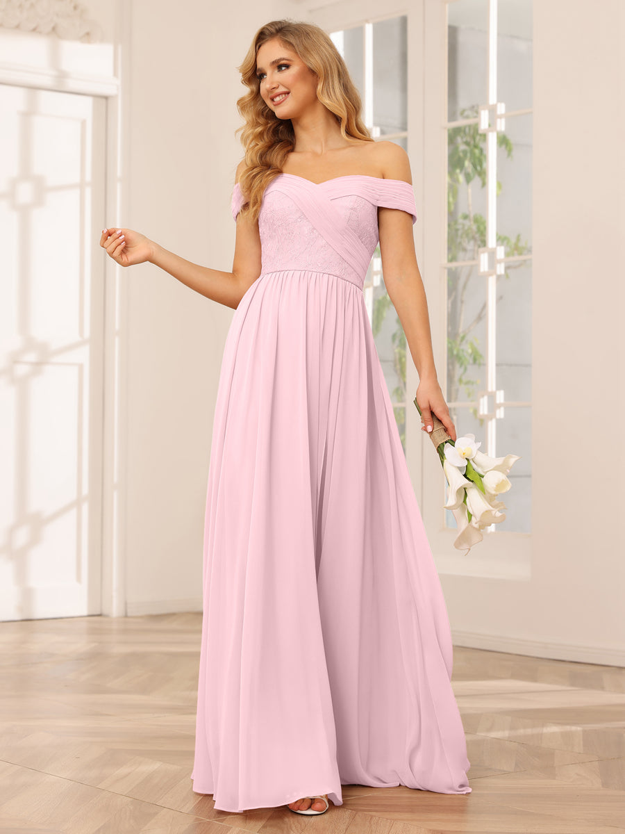 Vestidos Longos de Dama de Honra com Ombros de Fora Evasê/Princesa com Apliques