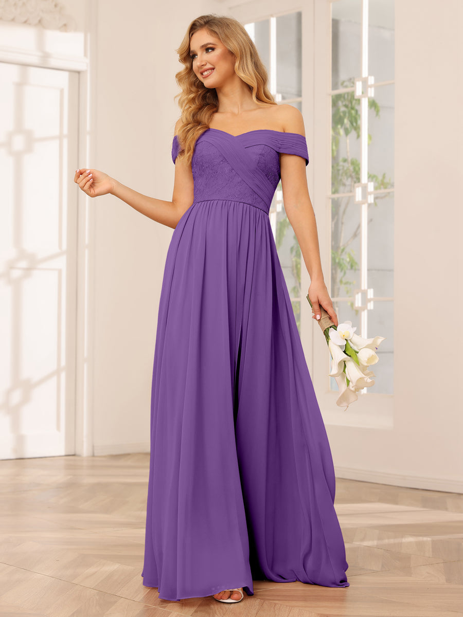 Vestidos Longos de Dama de Honra com Ombros de Fora Evasê/Princesa com Apliques