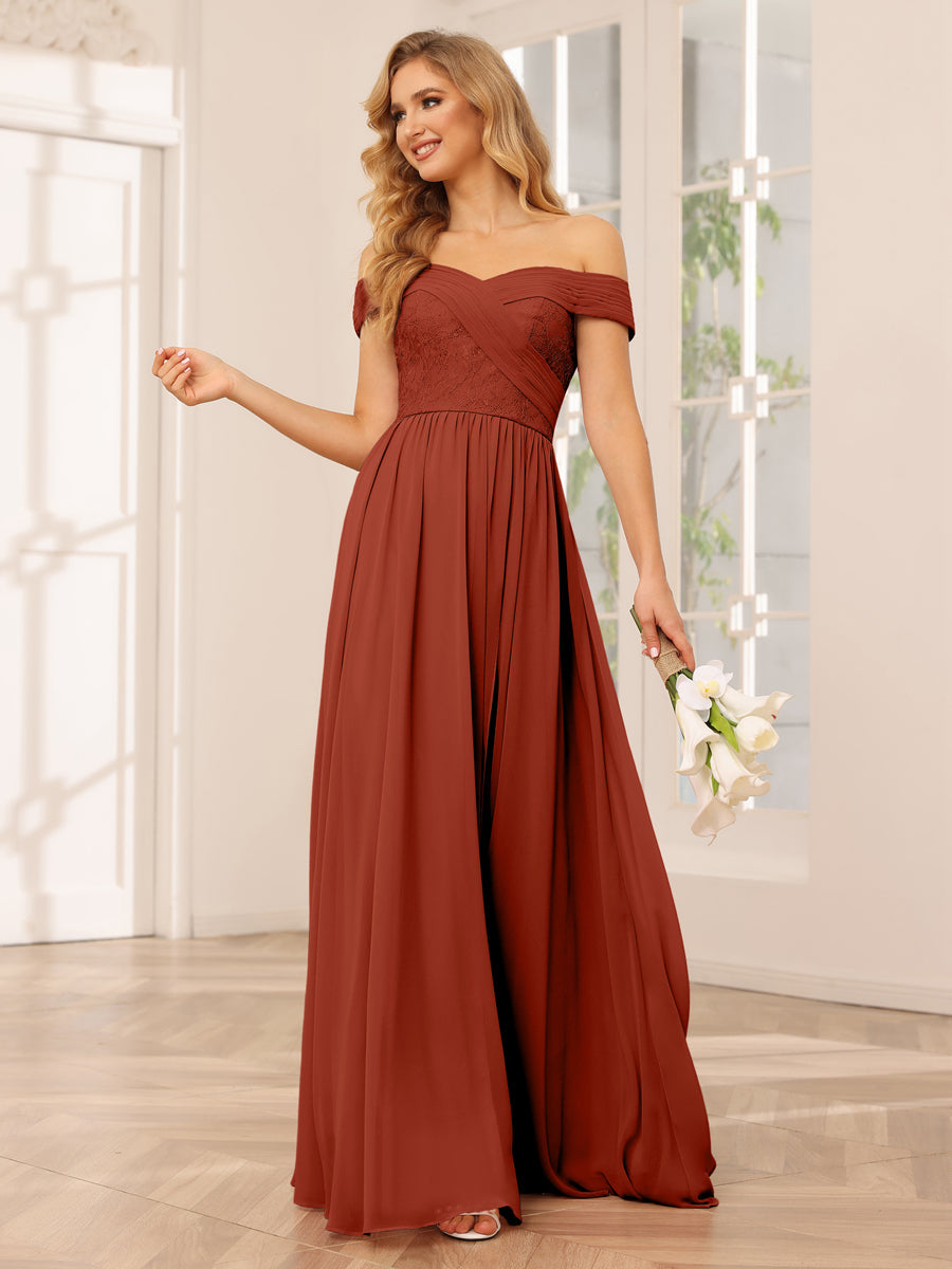 Vestidos Longos de Dama de Honra com Ombros de Fora Evasê/Princesa com Apliques