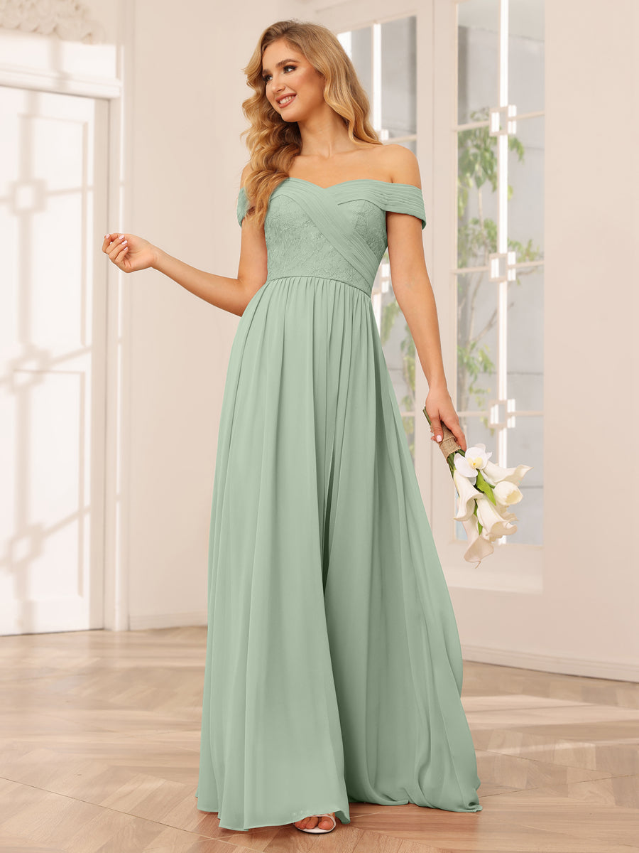 Vestidos Longos de Dama de Honra com Ombros de Fora Evasê/Princesa com Apliques