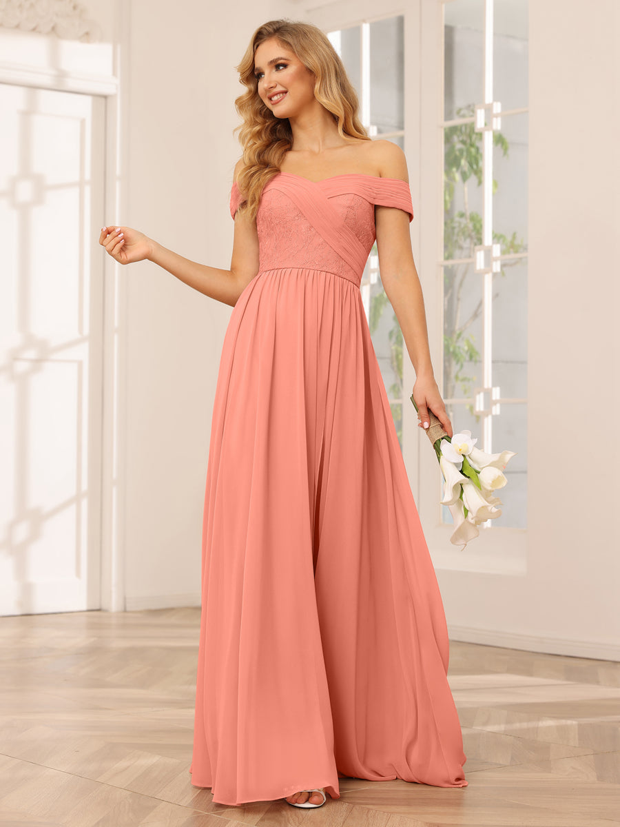 Vestidos Longos de Dama de Honra com Ombros de Fora Evasê/Princesa com Apliques
