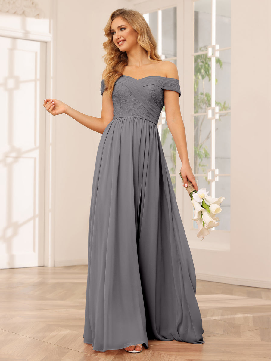Vestidos Longos de Dama de Honra com Ombros de Fora Evasê/Princesa com Apliques