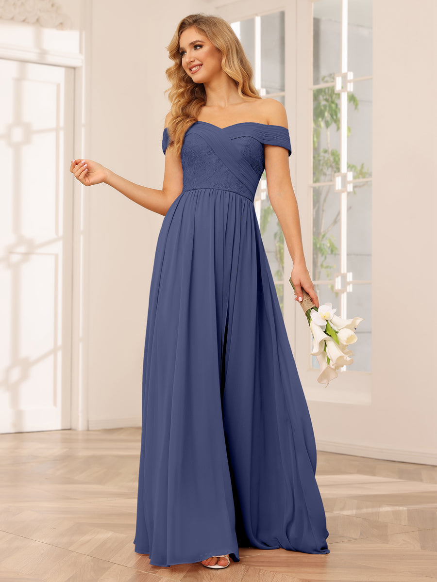 Vestidos Longos de Dama de Honra com Ombros de Fora Evasê/Princesa com Apliques