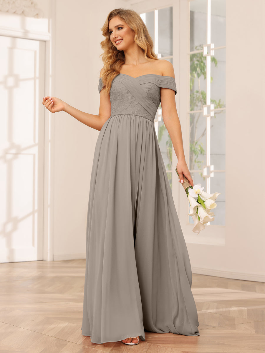 Vestidos Longos de Dama de Honra com Ombros de Fora Evasê/Princesa com Apliques