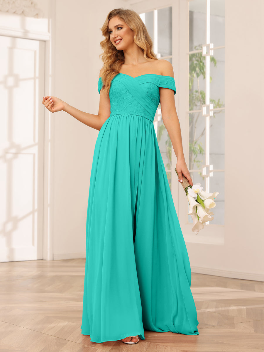 Vestidos Longos de Dama de Honra com Ombros de Fora Evasê/Princesa com Apliques