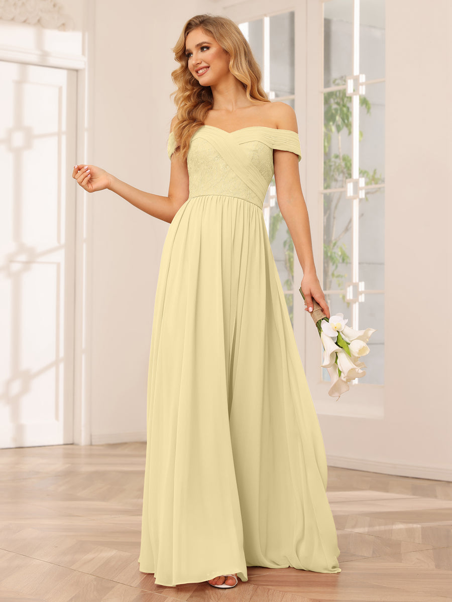 Vestidos Longos de Dama de Honra com Ombros de Fora Evasê/Princesa com Apliques