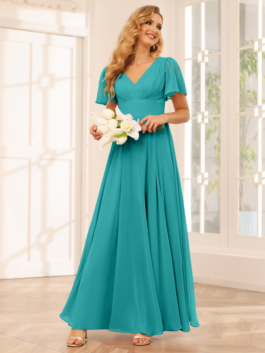 Vestidos Longos de Dama de Honra Evasê/Princesa com Decote Em V e Laterais Divididas
