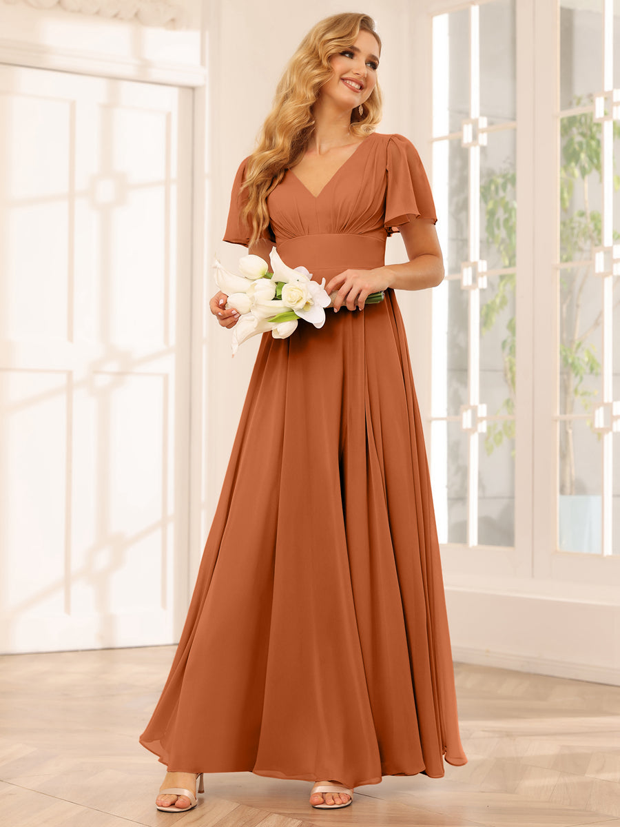 Vestidos Longos de Dama de Honra Evasê/Princesa com Decote Em V e Laterais Divididas