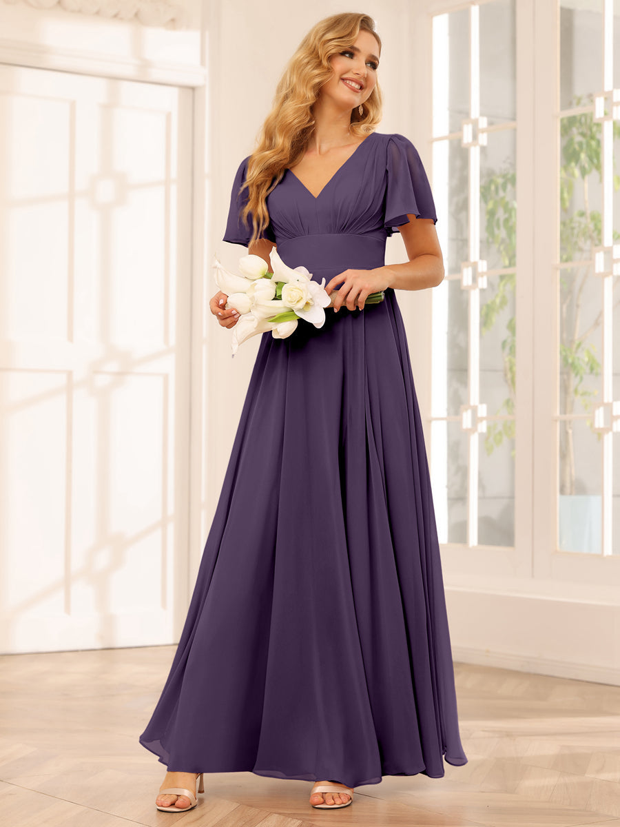 Vestidos Longos de Dama de Honra Evasê/Princesa com Decote Em V e Laterais Divididas