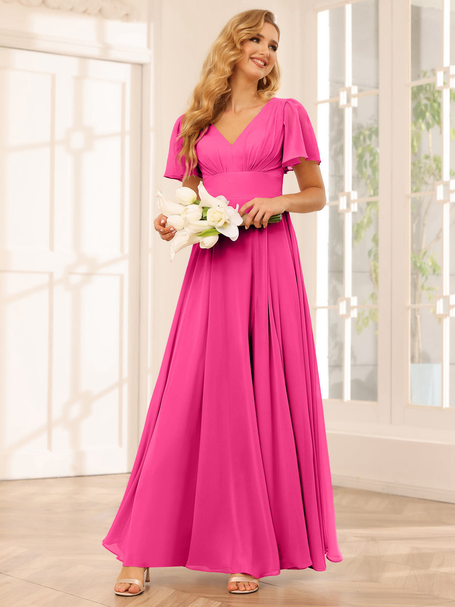 Vestidos Longos de Dama de Honra Evasê/Princesa com Decote Em V e Laterais Divididas
