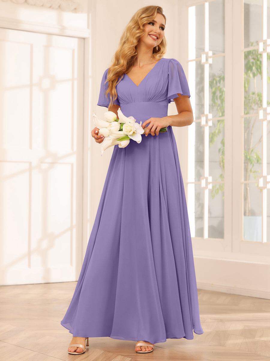 Vestidos Longos de Dama de Honra Evasê/Princesa com Decote Em V e Laterais Divididas