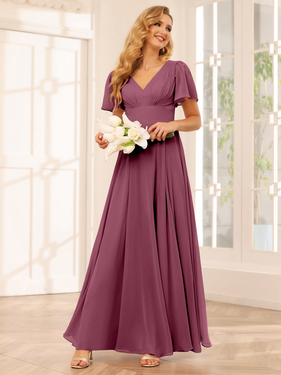 Vestidos Longos de Dama de Honra Evasê/Princesa com Decote Em V e Laterais Divididas