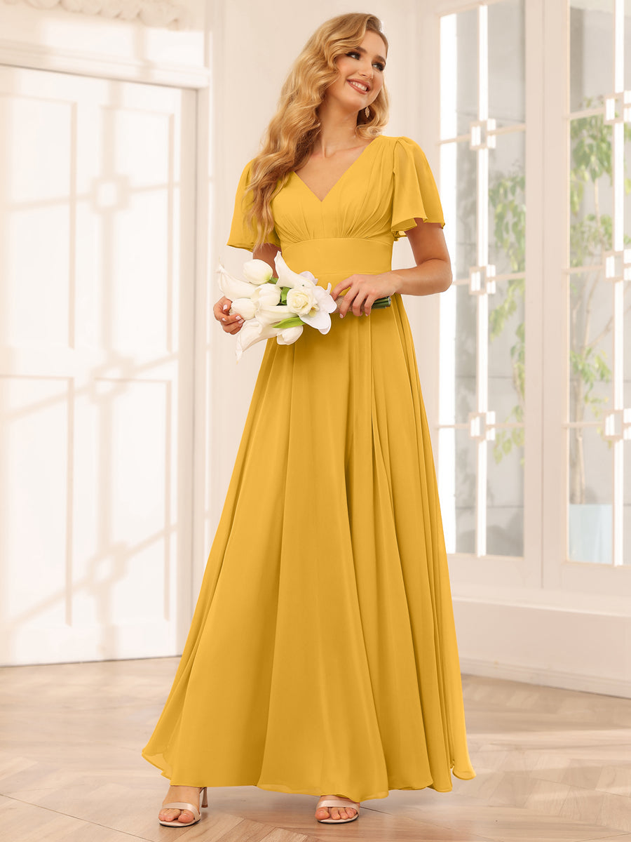 Vestidos Longos de Dama de Honra Evasê/Princesa com Decote Em V e Laterais Divididas