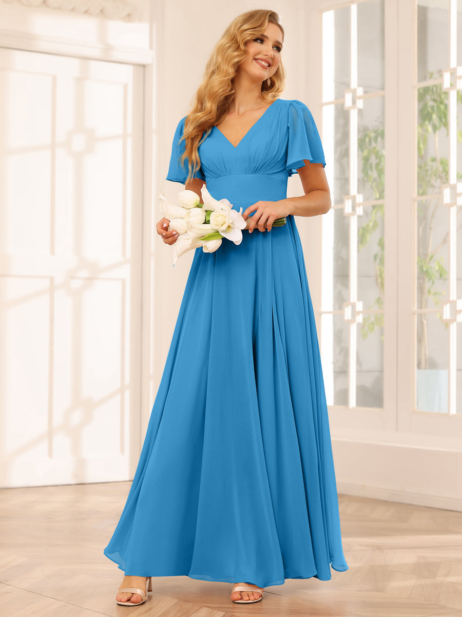Vestidos Longos de Dama de Honra Evasê/Princesa com Decote Em V e Laterais Divididas