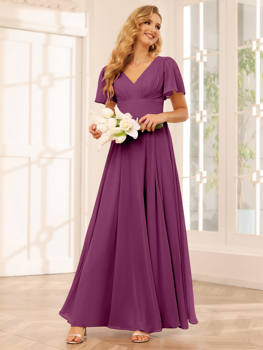 Vestidos Longos de Dama de Honra Evasê/Princesa com Decote Em V e Laterais Divididas