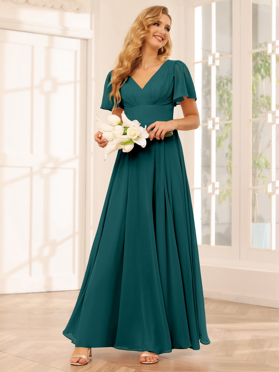 Vestidos Longos de Dama de Honra Evasê/Princesa com Decote Em V e Laterais Divididas