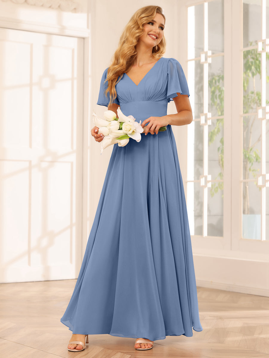 Vestidos Longos de Dama de Honra Evasê/Princesa com Decote Em V e Laterais Divididas