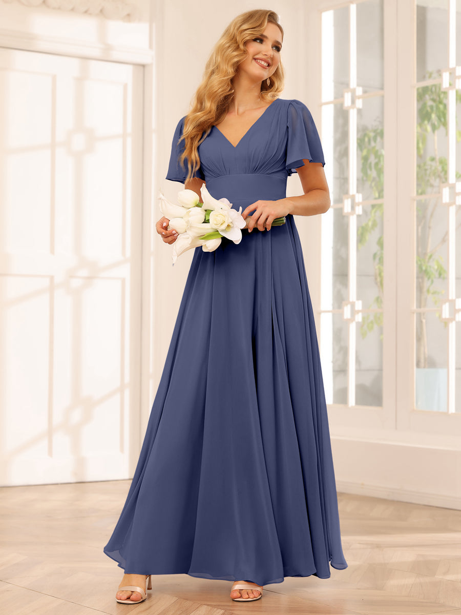Vestidos Longos de Dama de Honra Evasê/Princesa com Decote Em V e Laterais Divididas