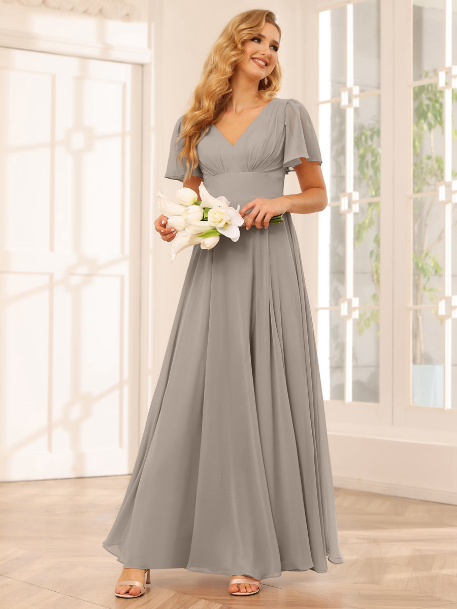 Vestidos Longos de Dama de Honra Evasê/Princesa com Decote Em V e Laterais Divididas
