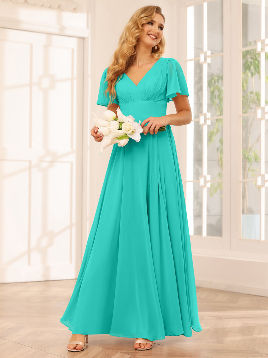 Vestidos Longos de Dama de Honra Evasê/Princesa com Decote Em V e Laterais Divididas