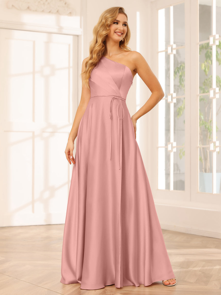 Vestidos de Dama de Honra Longos de Um Ombro com Corte A/Princesa com Divisão Lateral e Faixa