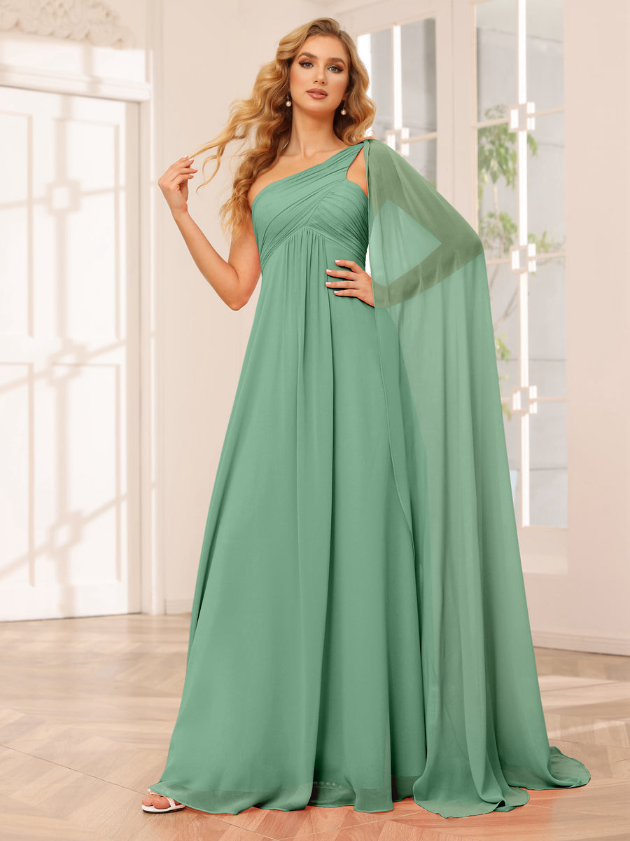 A-Line/Princesa Vestidos Longos de Dama de Honra com Um Ombro e Franzidos