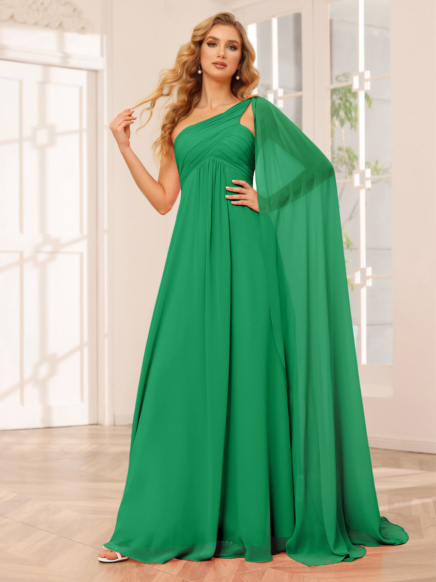 A-Line/Princesa Vestidos Longos de Dama de Honra com Um Ombro e Franzidos