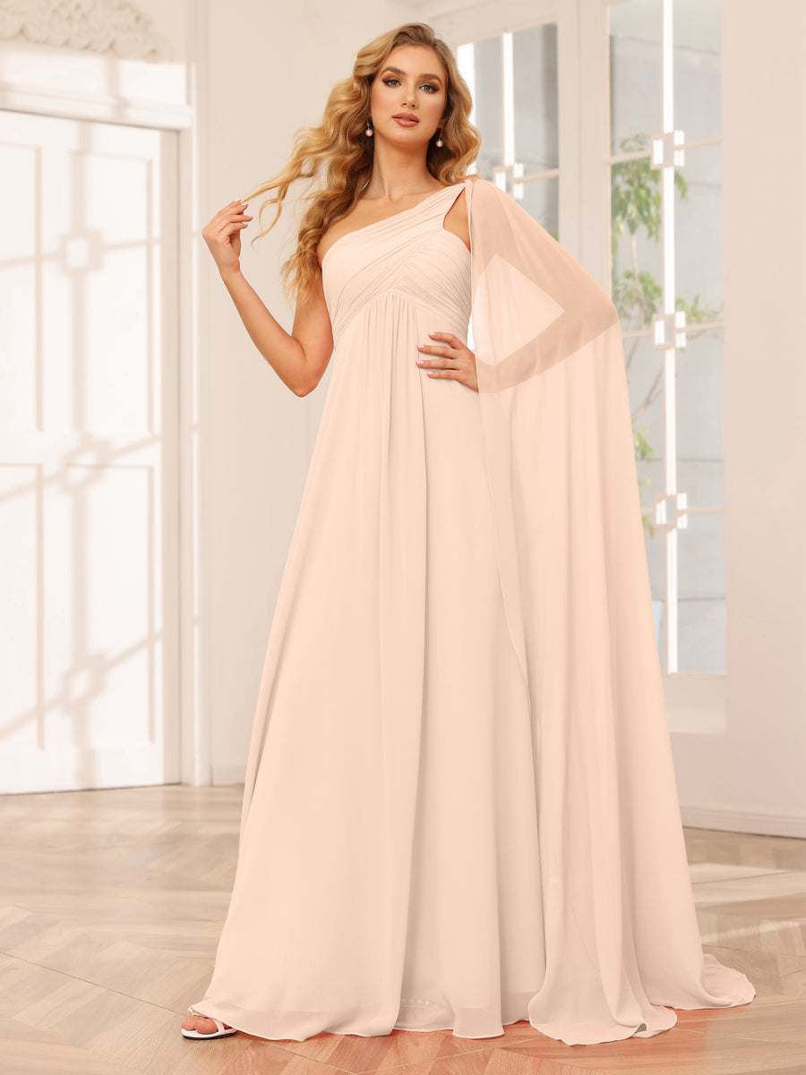 A-Line/Princesa Vestidos Longos de Dama de Honra com Um Ombro e Franzidos