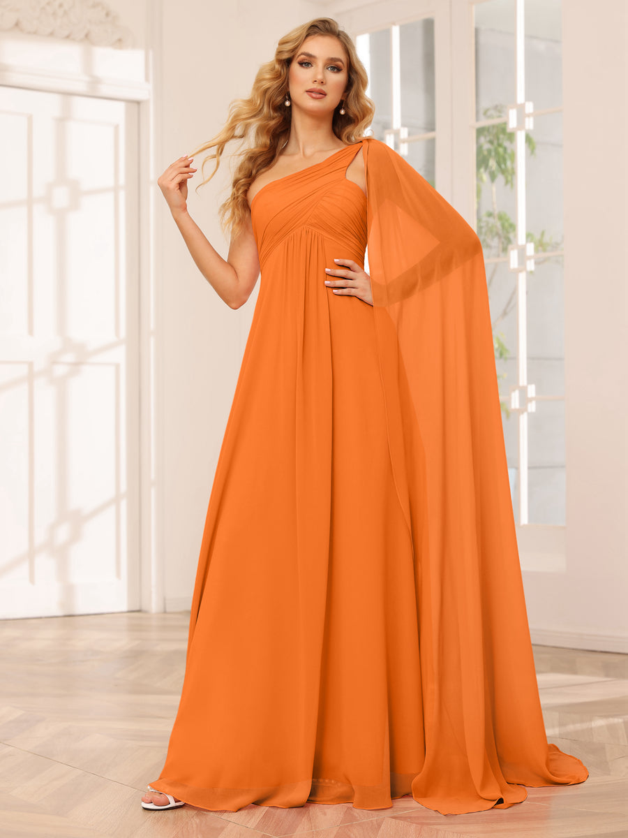 A-Line/Princesa Vestidos Longos de Dama de Honra com Um Ombro e Franzidos