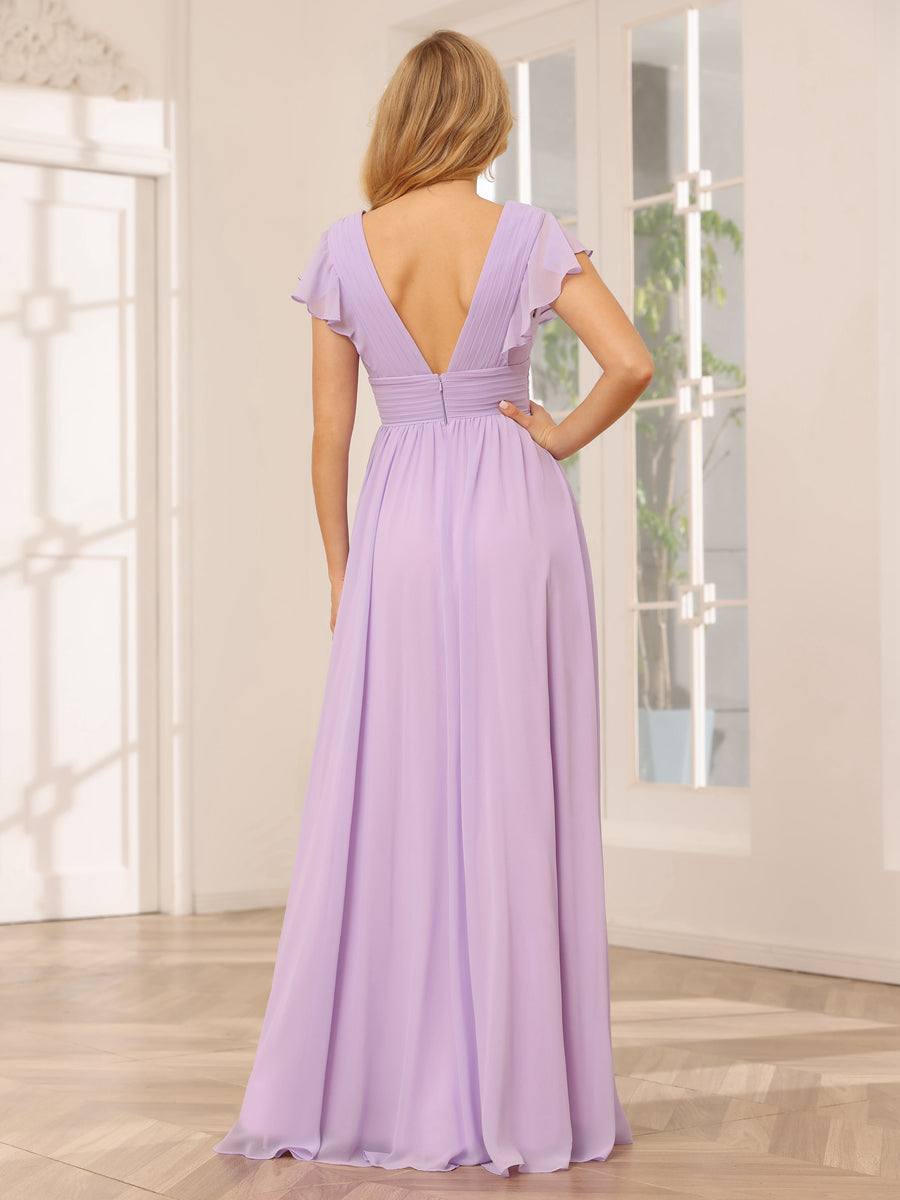 Vestidos Longos de Dama de Honra Evasê/Princesa com Decote Em V e Lado Dividido