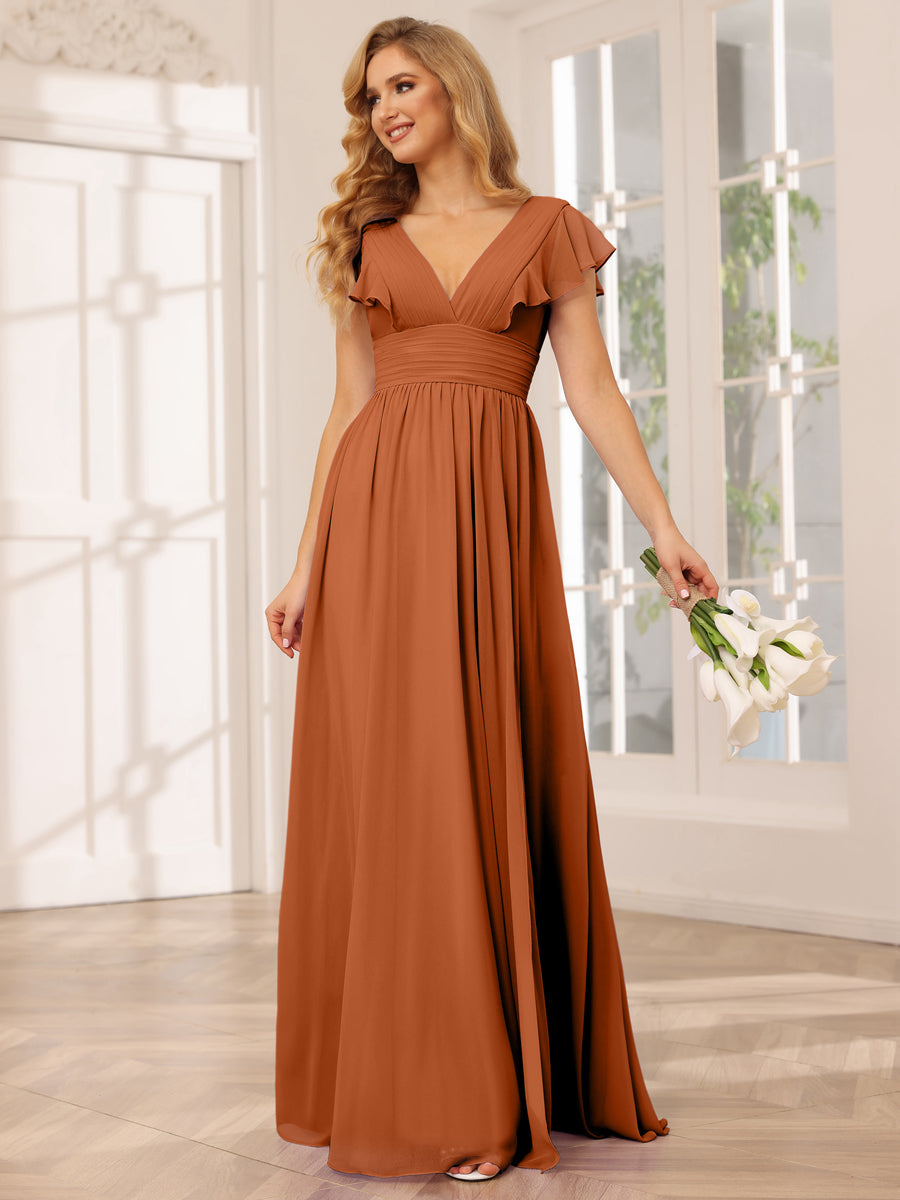Vestidos Longos de Dama de Honra Evasê/Princesa com Decote Em V e Lado Dividido