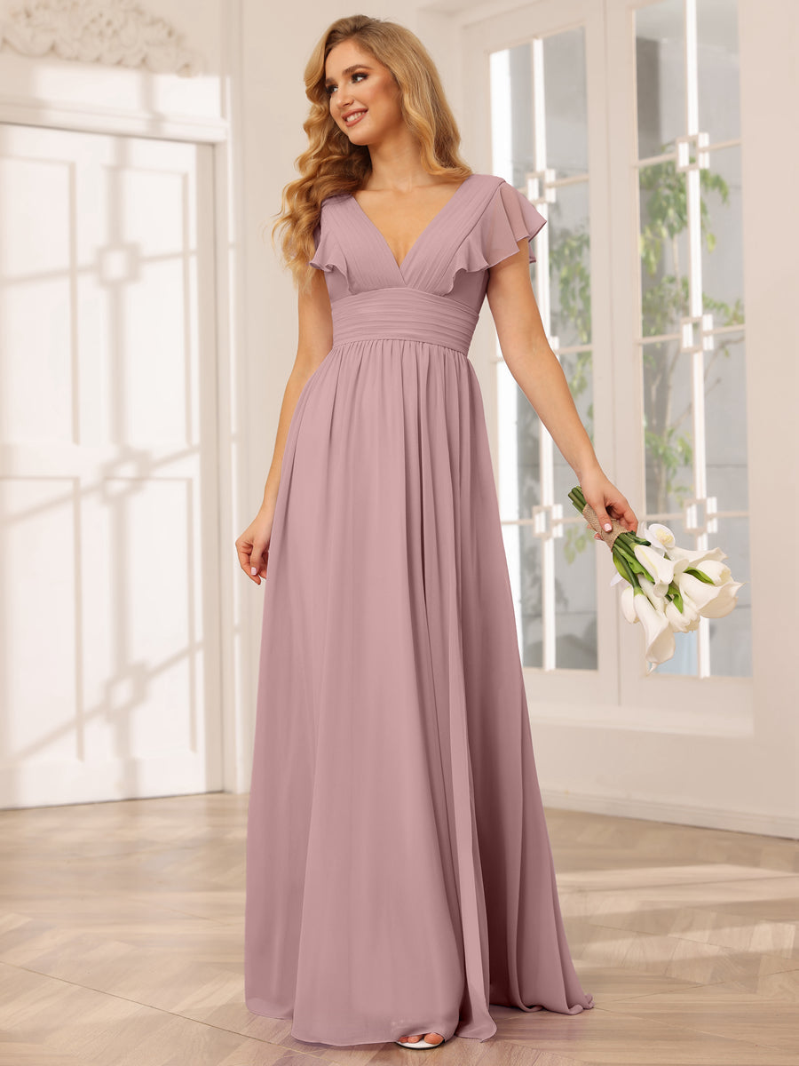 Vestidos Longos de Dama de Honra Evasê/Princesa com Decote Em V e Lado Dividido
