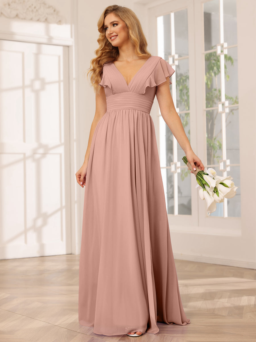 Vestidos Longos de Dama de Honra Evasê/Princesa com Decote Em V e Lado Dividido