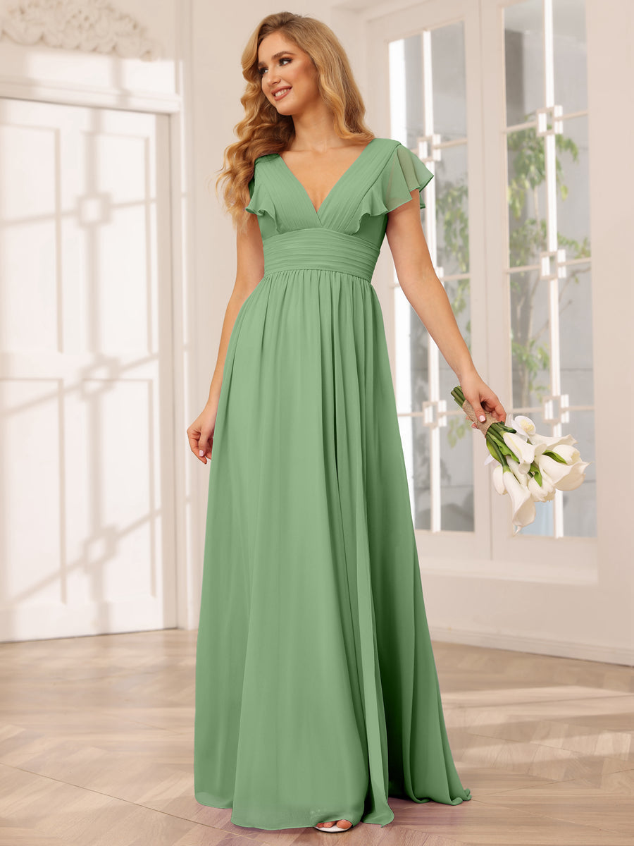 Vestidos Longos de Dama de Honra Evasê/Princesa com Decote Em V e Lado Dividido
