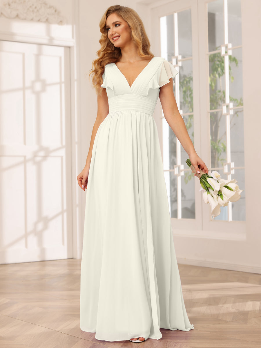 Vestidos Longos de Dama de Honra Evasê/Princesa com Decote Em V e Lado Dividido