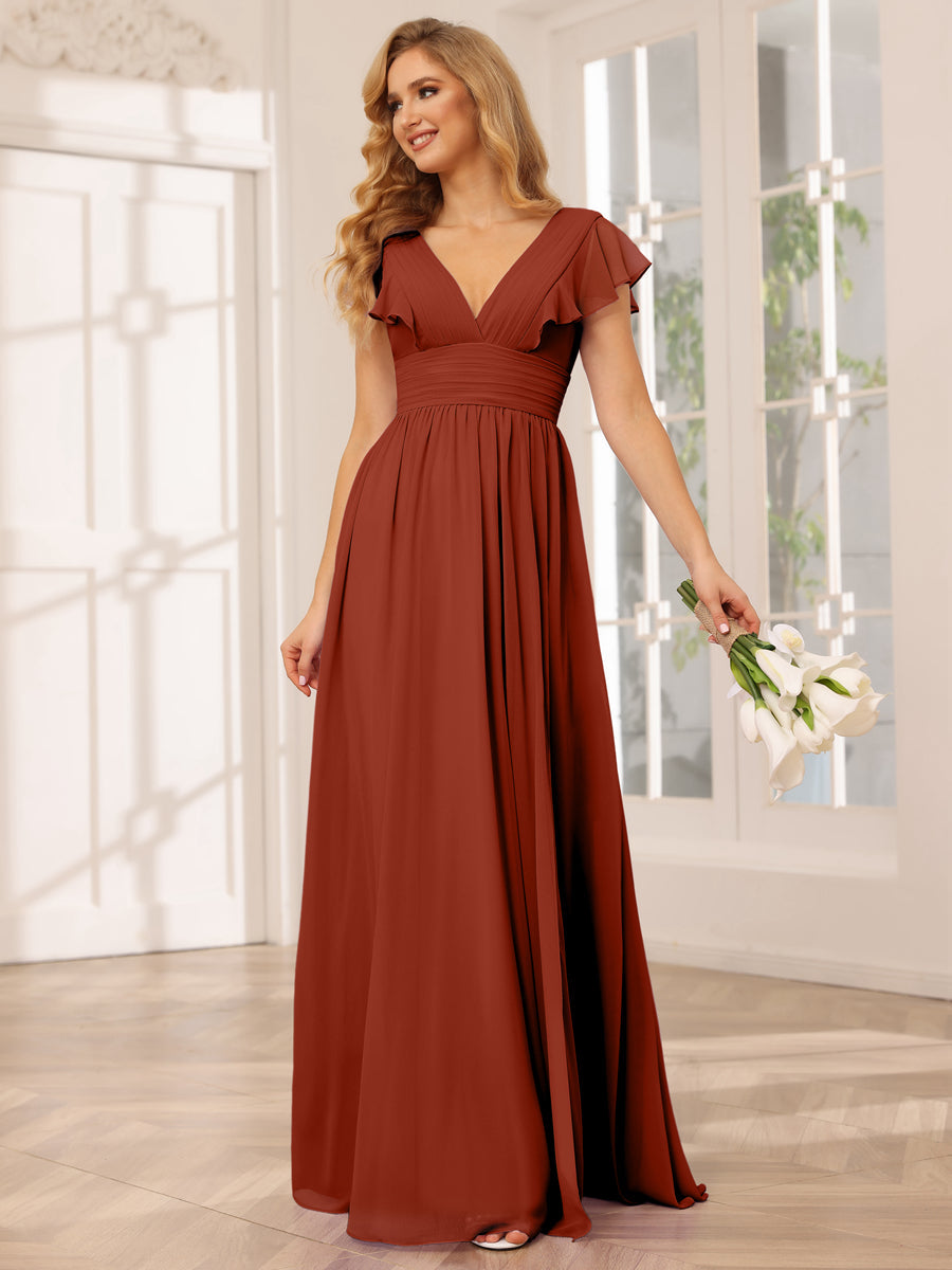 Vestidos Longos de Dama de Honra Evasê/Princesa com Decote Em V e Lado Dividido