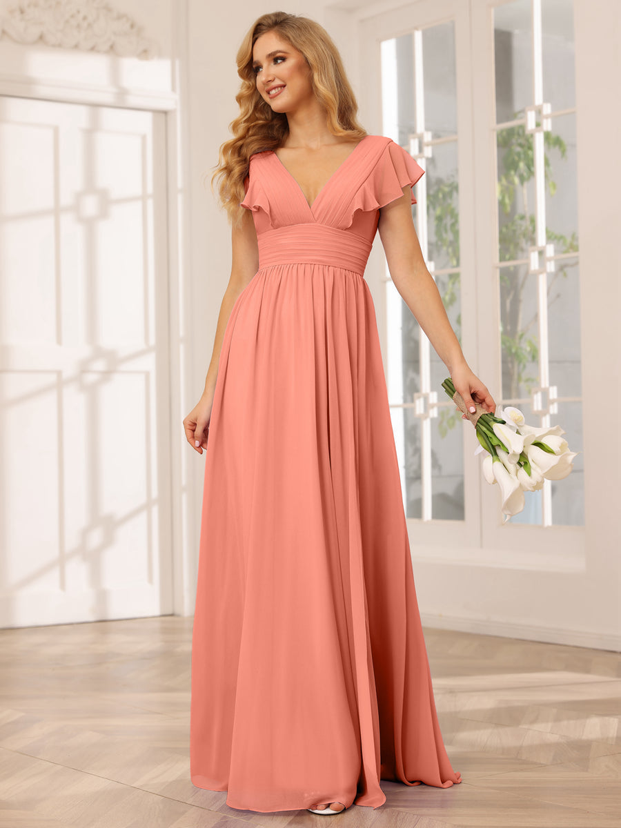 Vestidos Longos de Dama de Honra Evasê/Princesa com Decote Em V e Lado Dividido