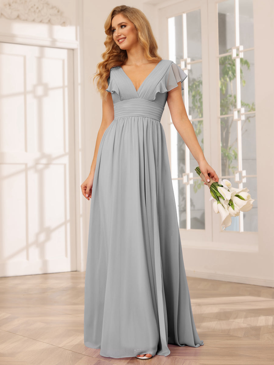 Vestidos Longos de Dama de Honra Evasê/Princesa com Decote Em V e Lado Dividido