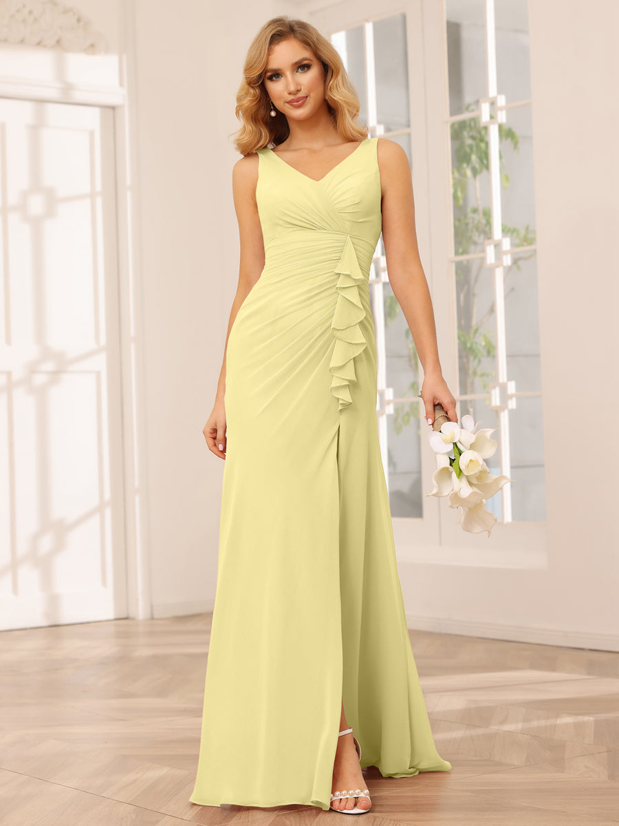 Vestidos Longos de Dama de Honra com Bainha/Coluna e Decote Em V com Lado Dividido