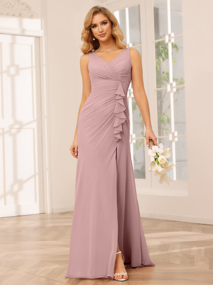 Vestidos Longos de Dama de Honra com Bainha/Coluna e Decote Em V com Lado Dividido