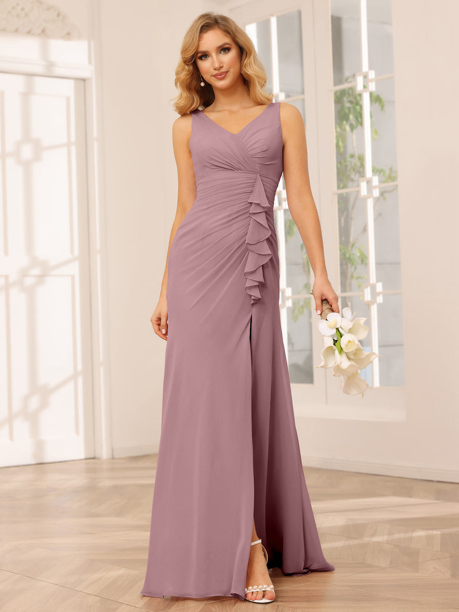 Vestidos Longos de Dama de Honra com Bainha/Coluna e Decote Em V com Lado Dividido